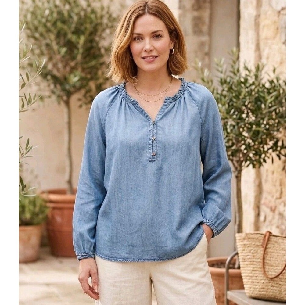J Jill Denim Chambray Ruffled Pullover Top Blouse Medium  Peasant Lightweight